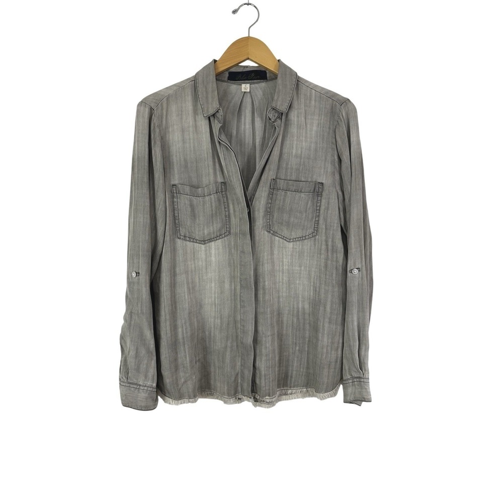 Blue Rain Gray Chambray Top Womens Large Button Front Raw Hem Rolled Tab Sleeve